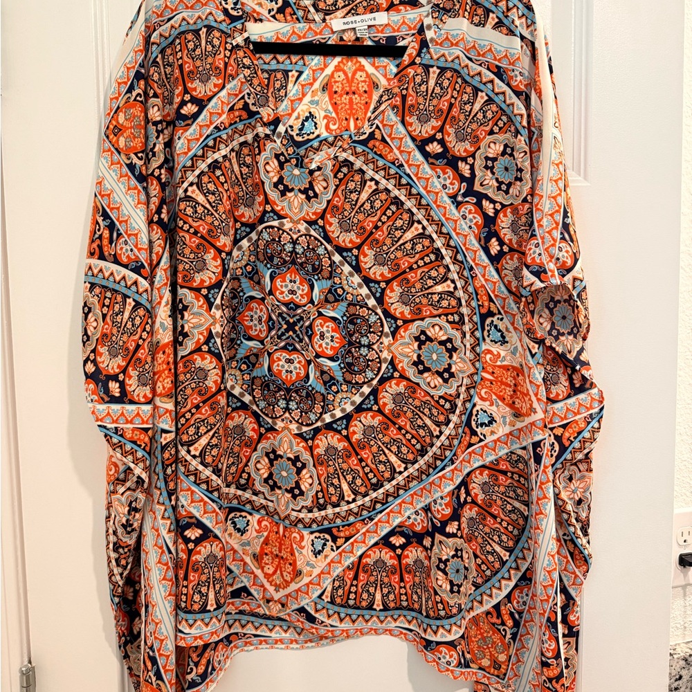 Rose & Olive Vibrant Patterned Blouse - Orange, Blue, Black
